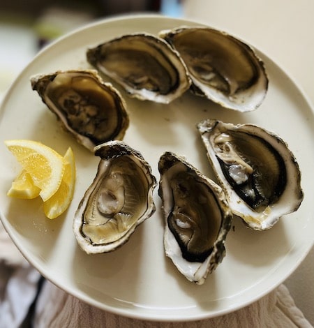 Six oysters on a white plate with a lemon wedge photographed from above with shadows on the plate
