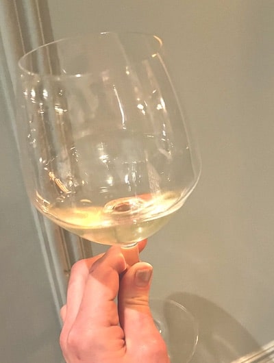 Glass of Sauvignon Blanc white wine with hand holding it against neutral background