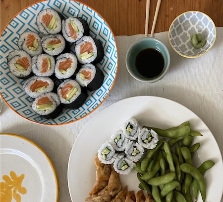 A California roll, avocado and salmon and vegetarian sushi pair with dry white wines like Sauvignon Blanc