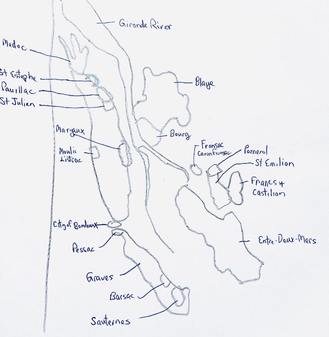 Map of Bordeaux wine region with the river, Left and Right bank