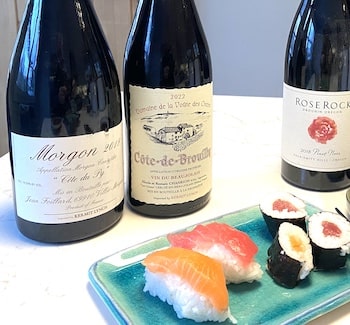 Red wine like Pinot Noir and Beaujolais can go with fatty tuna and fish like salmon