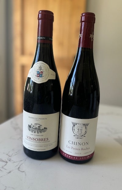 Vinsobres made with Grenache and Chinon from the Cabernet Franc grape are two red wines from France